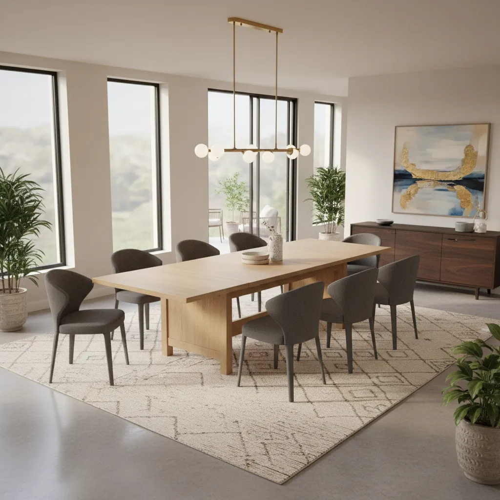 extendable dining table expanded on large dining room rug