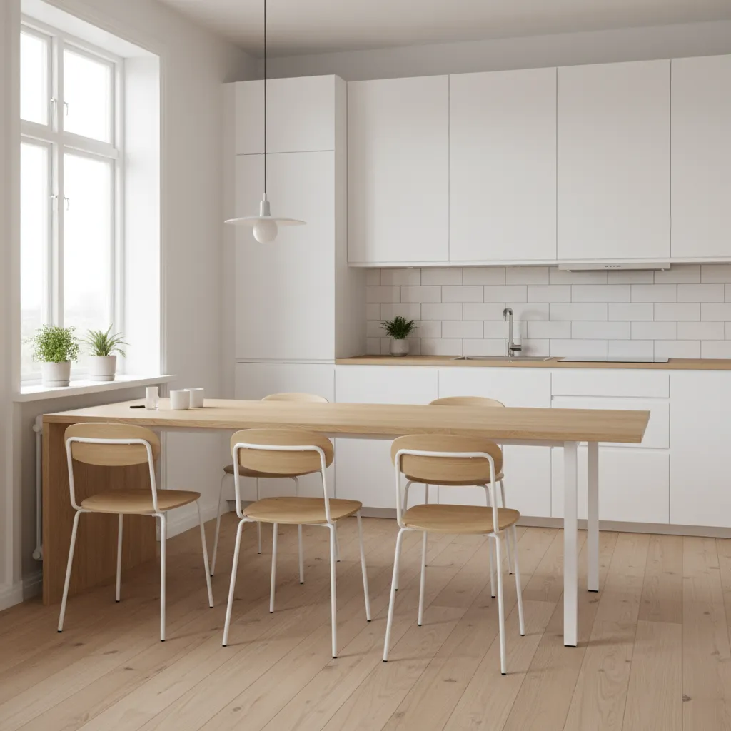 Extendable dining table in a small white cabinet kitchen