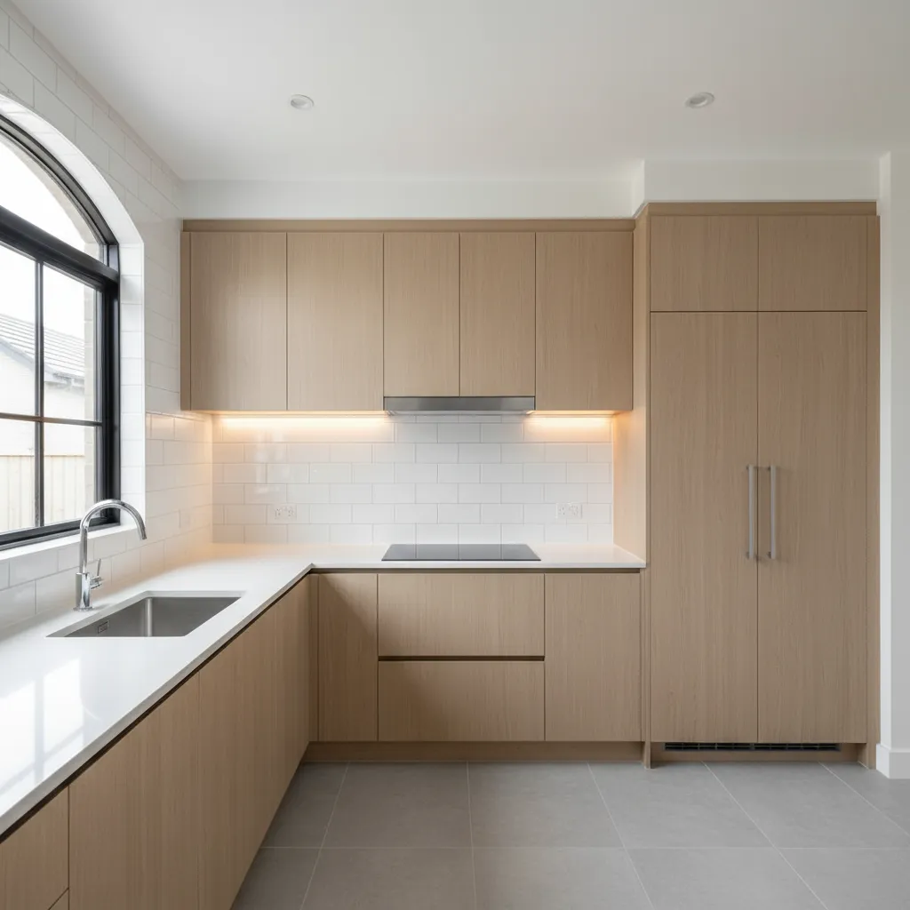 Kitchen backsplash extended beyond stove width to protect side walls from oil