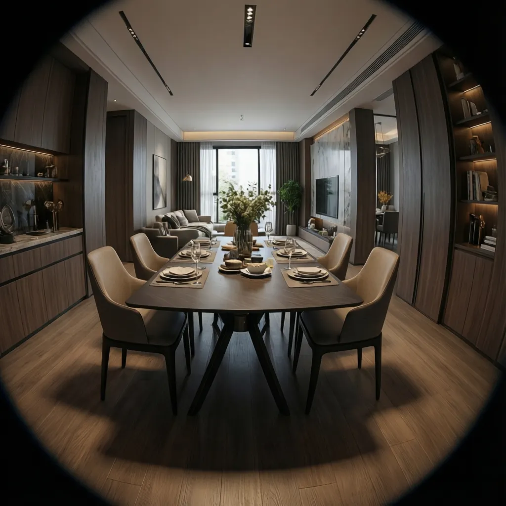 Dining room with extended square dining table showing clear walking paths