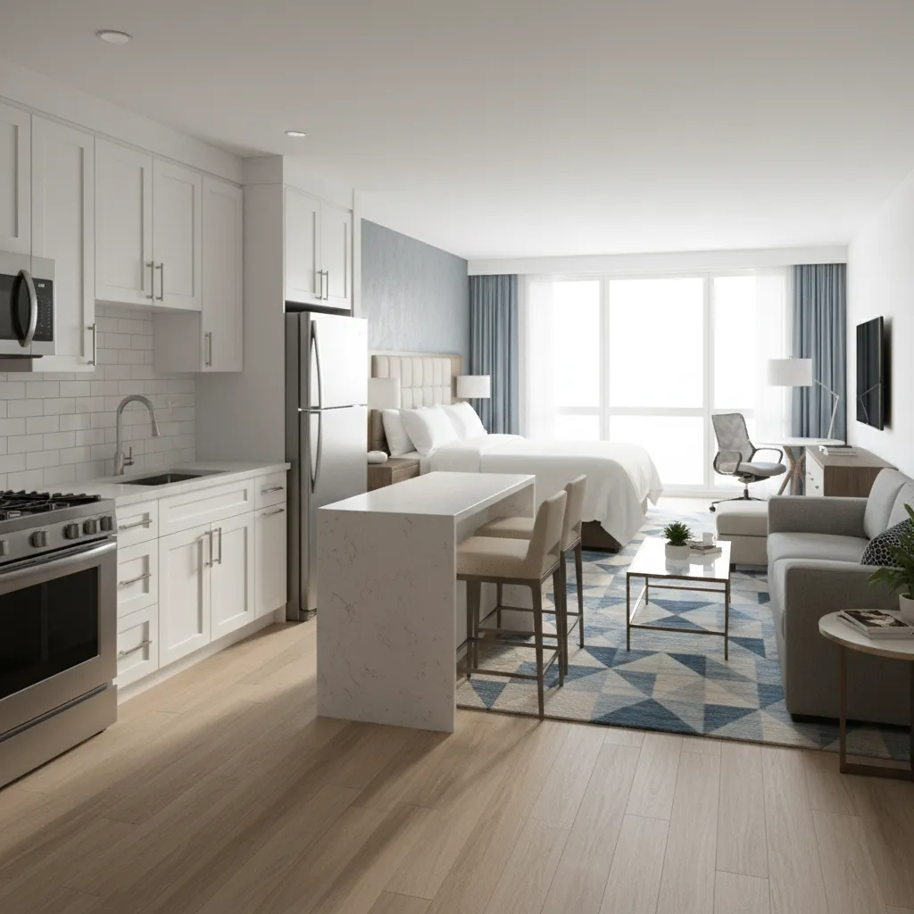 Extended stay hotel room with full kitchen layout