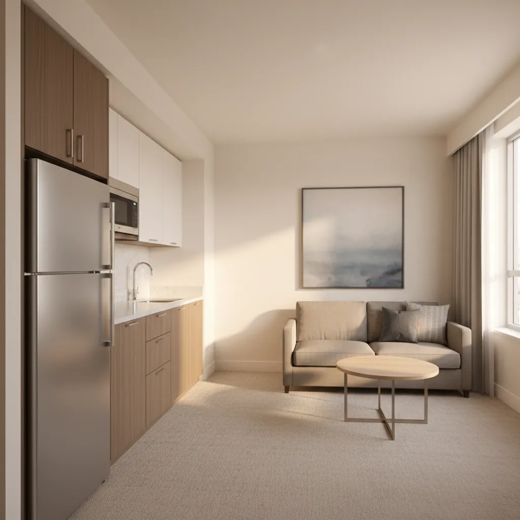 Extended stay hotel suite with small kitchen and living area