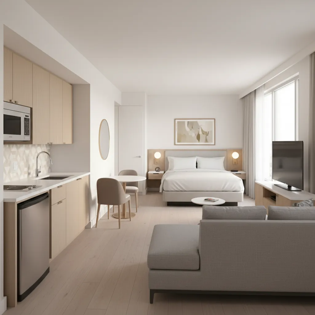 Extended stay hotel suite featuring a kitchenette and living area