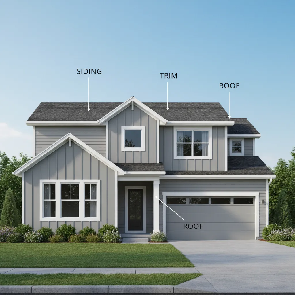 home exterior showing siding trim and roof color coordination
