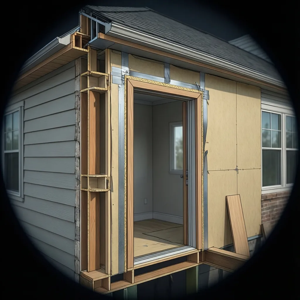 Layered waterproofing system around an exterior door opening