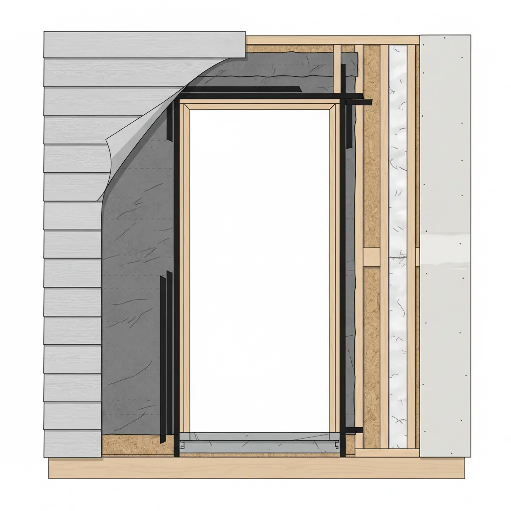 Diagram showing flashing layers around exterior door opening