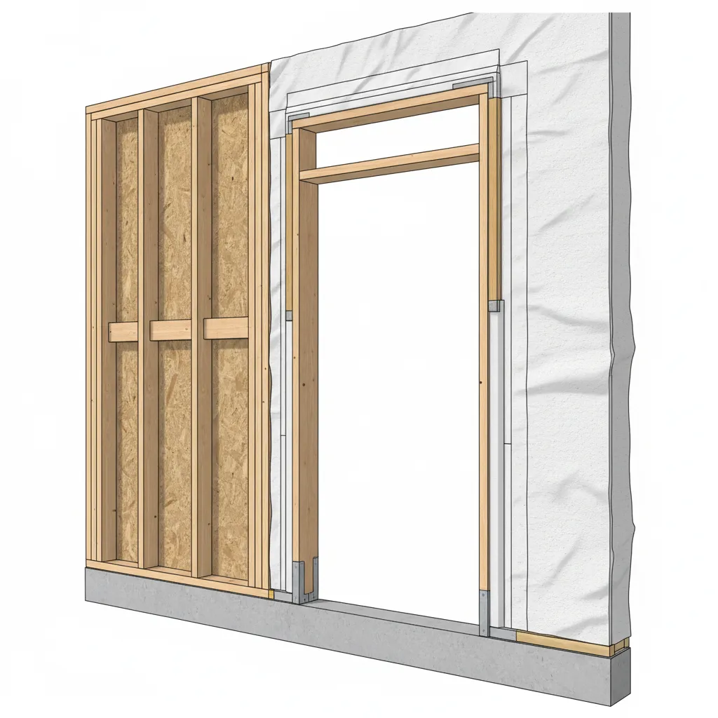 Exterior door opening with labeled flashing layers and waterproofing components