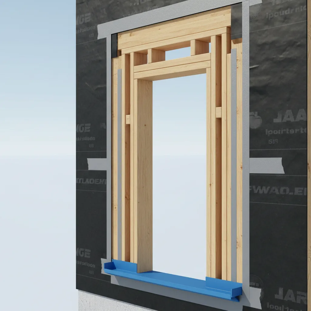 Wall assembly showing flashing layers around an exterior door opening