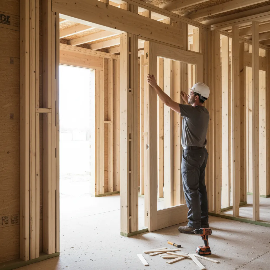 Contractor installing exterior door frame into rough opening with shims