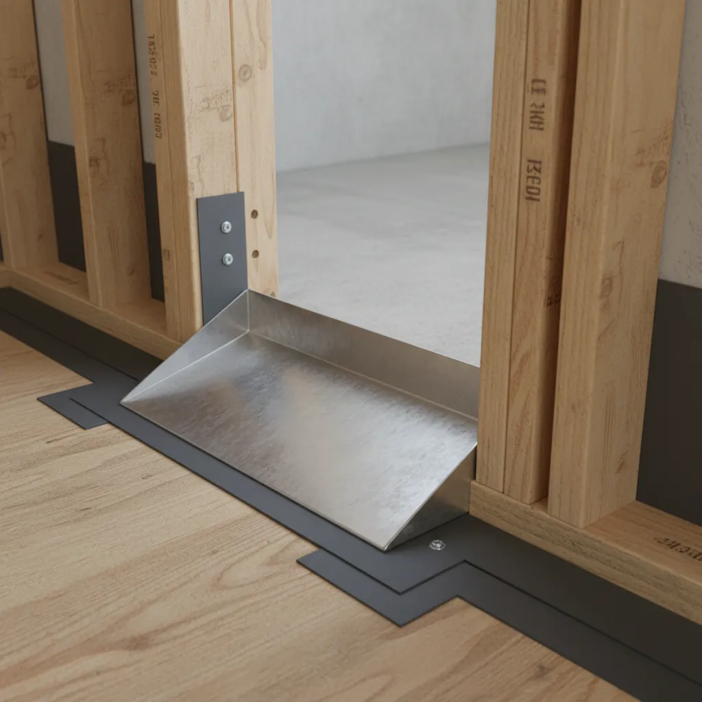 Exterior door sill pan showing drainage slope and flashing