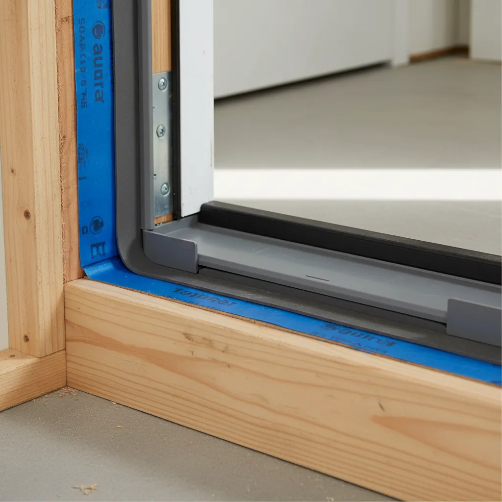 Exterior door sill pan and flashing detail preventing water intrusion