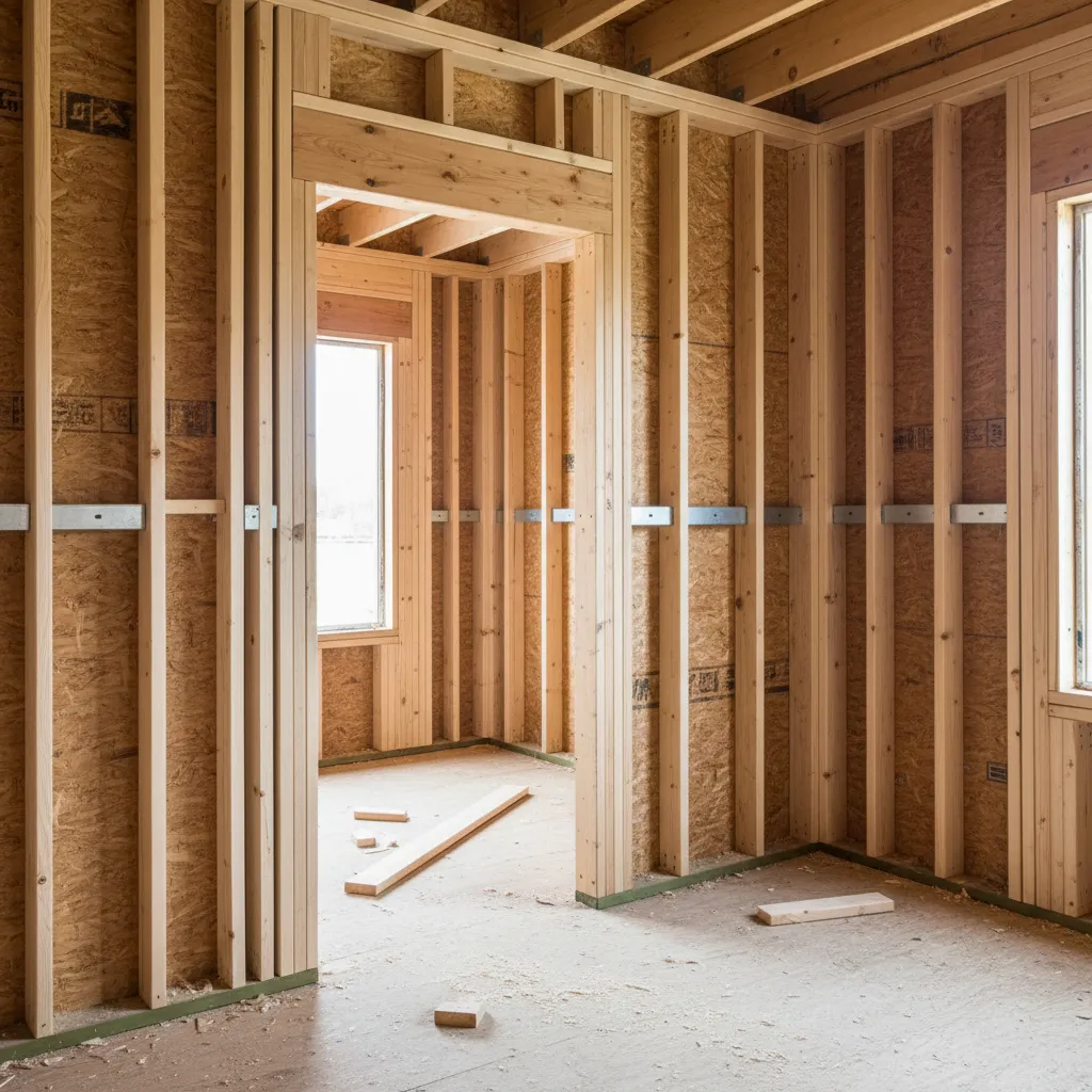 Wood wall framing with rough opening for an exterior door in residential construction