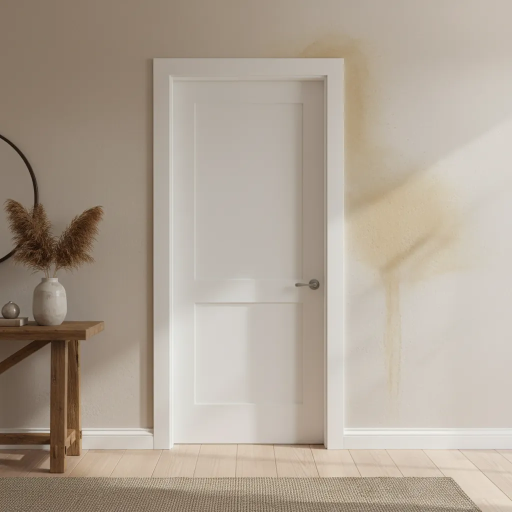 Water stains and moisture damage around an interior door frame from flashing failure
