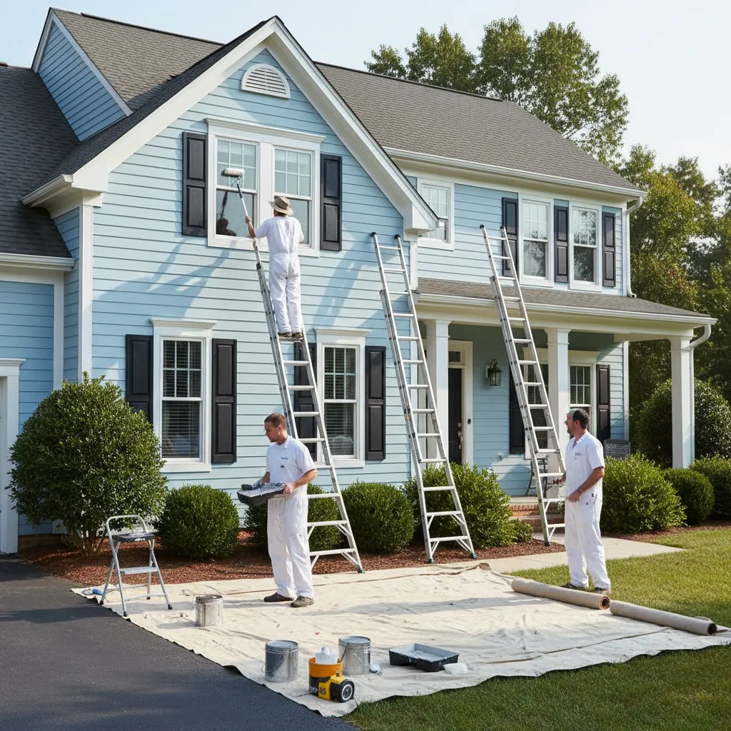 Professional painters applying exterior paint on residential house siding