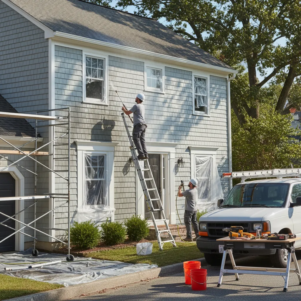 Workers pressure washing and preparing exterior house walls before painting