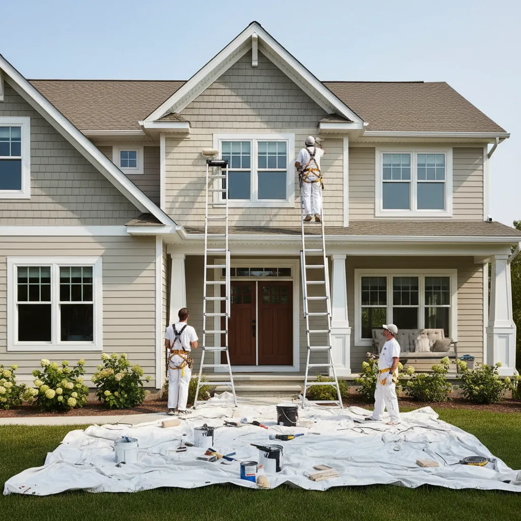 Professional painters applying exterior paint to a suburban house