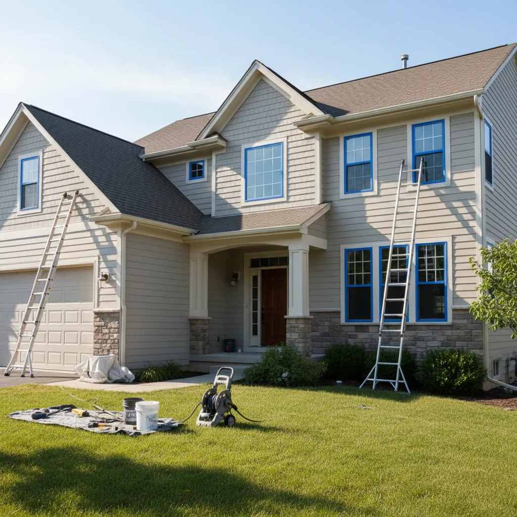 Large suburban home exterior prepared for painting with ladders and masked windows