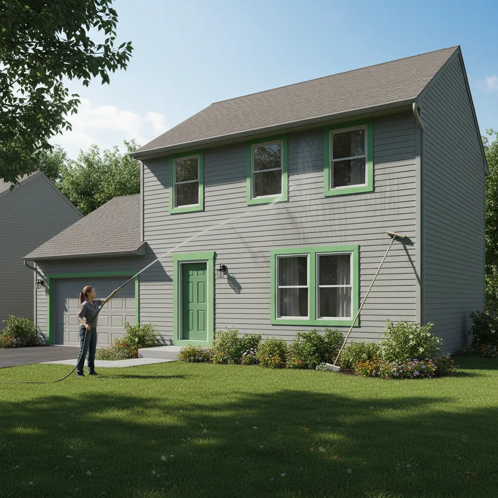 Home exterior maintenance cleaning gray siding to preserve paint color