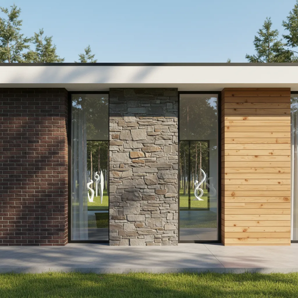 comparison of house exterior materials in 3D rendering including brick siding and wood