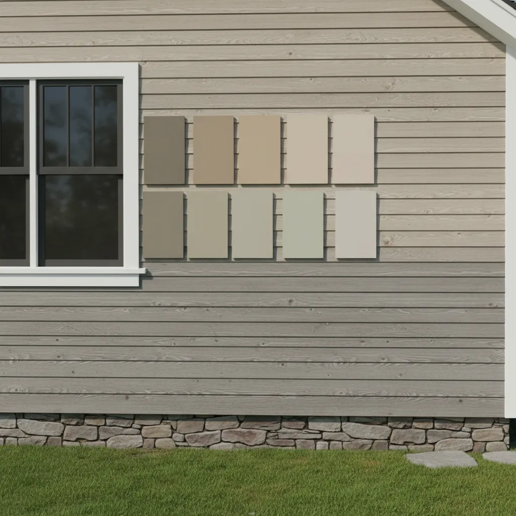 Exterior wall with multiple paint color samples tested in daylight