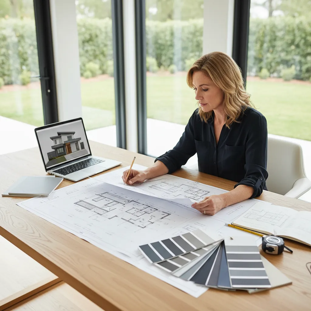 Homeowner reviewing exterior house plans while planning paint budget