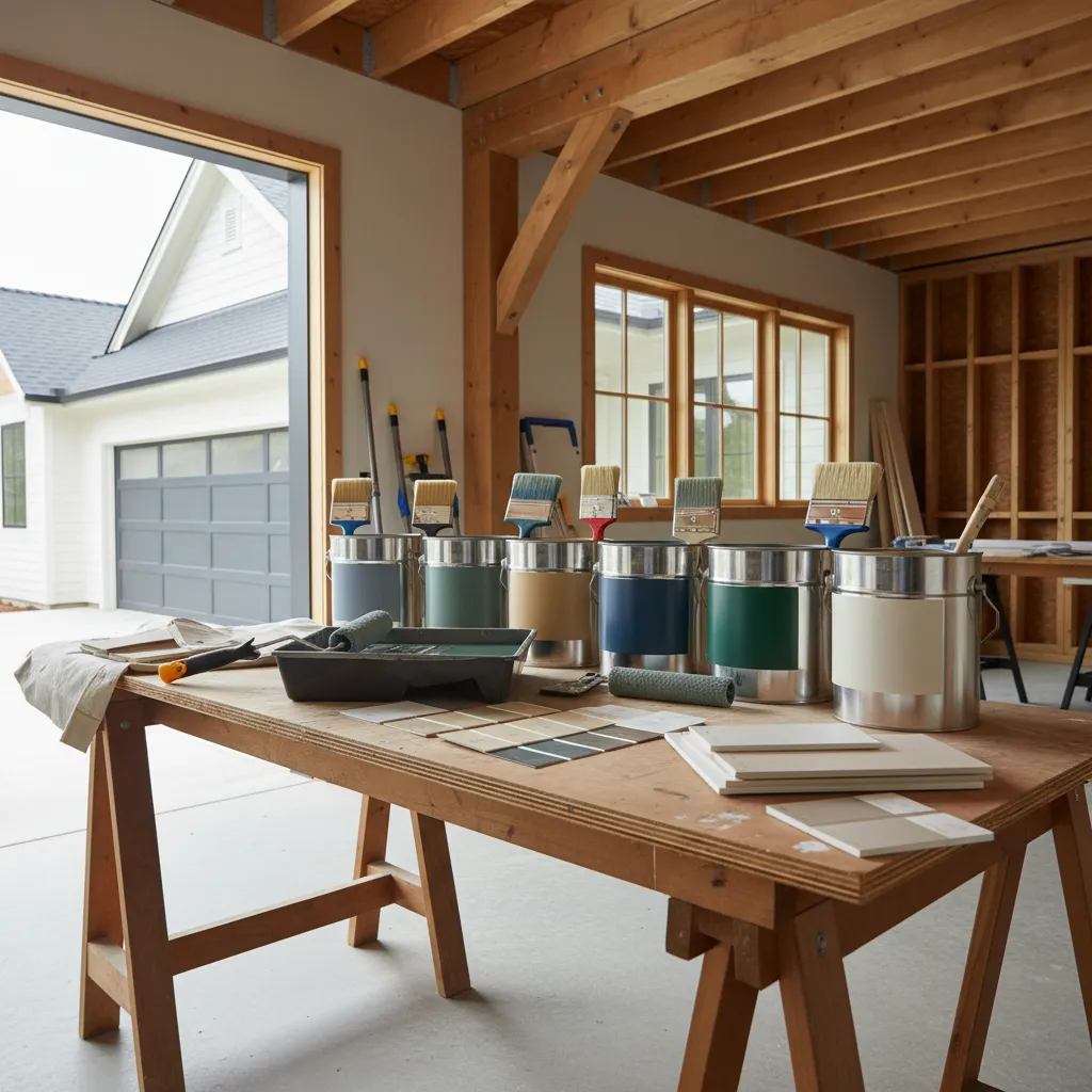 Different exterior paint samples and painting tools used for house painting projects