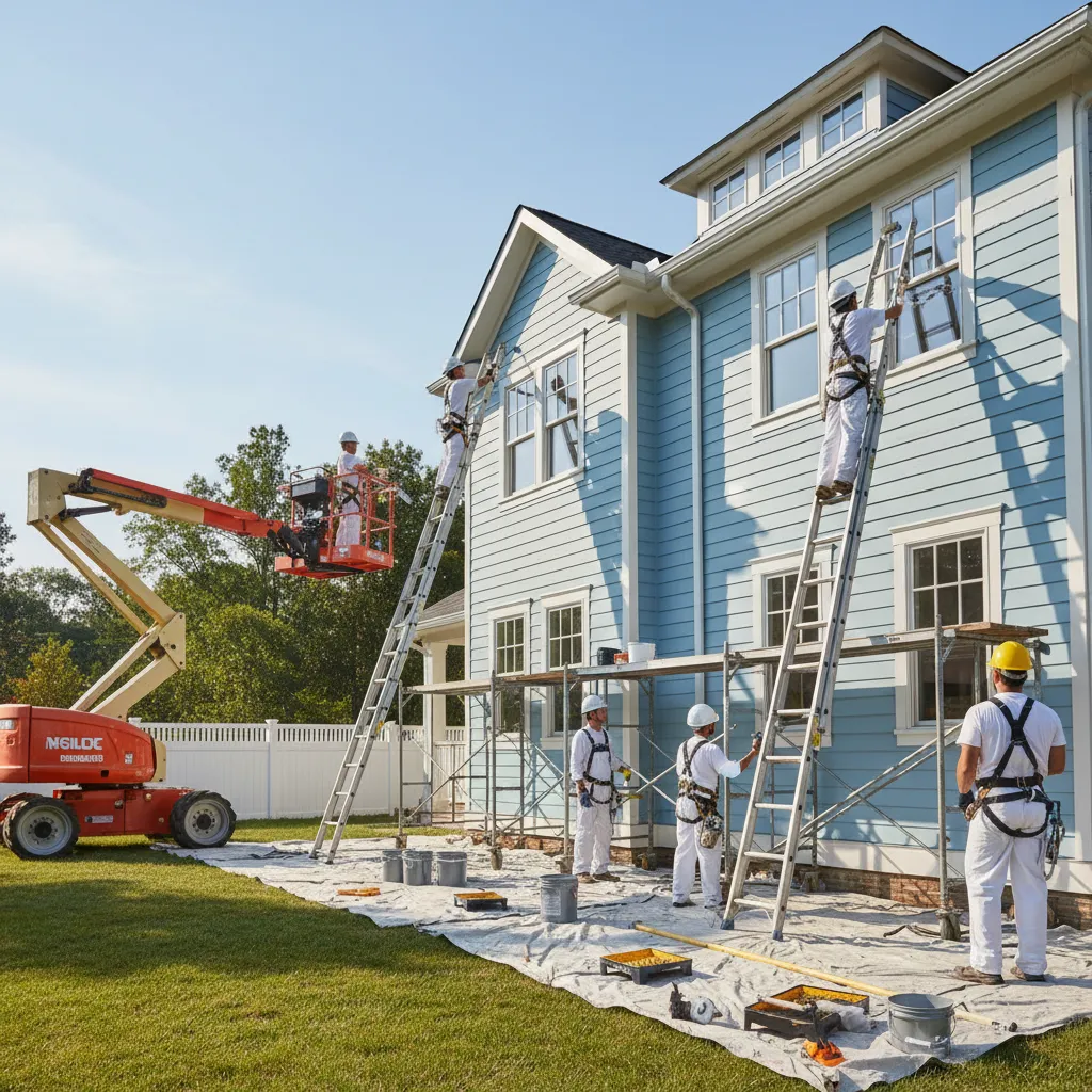 painters using ladders and lift equipment on tall house exterior