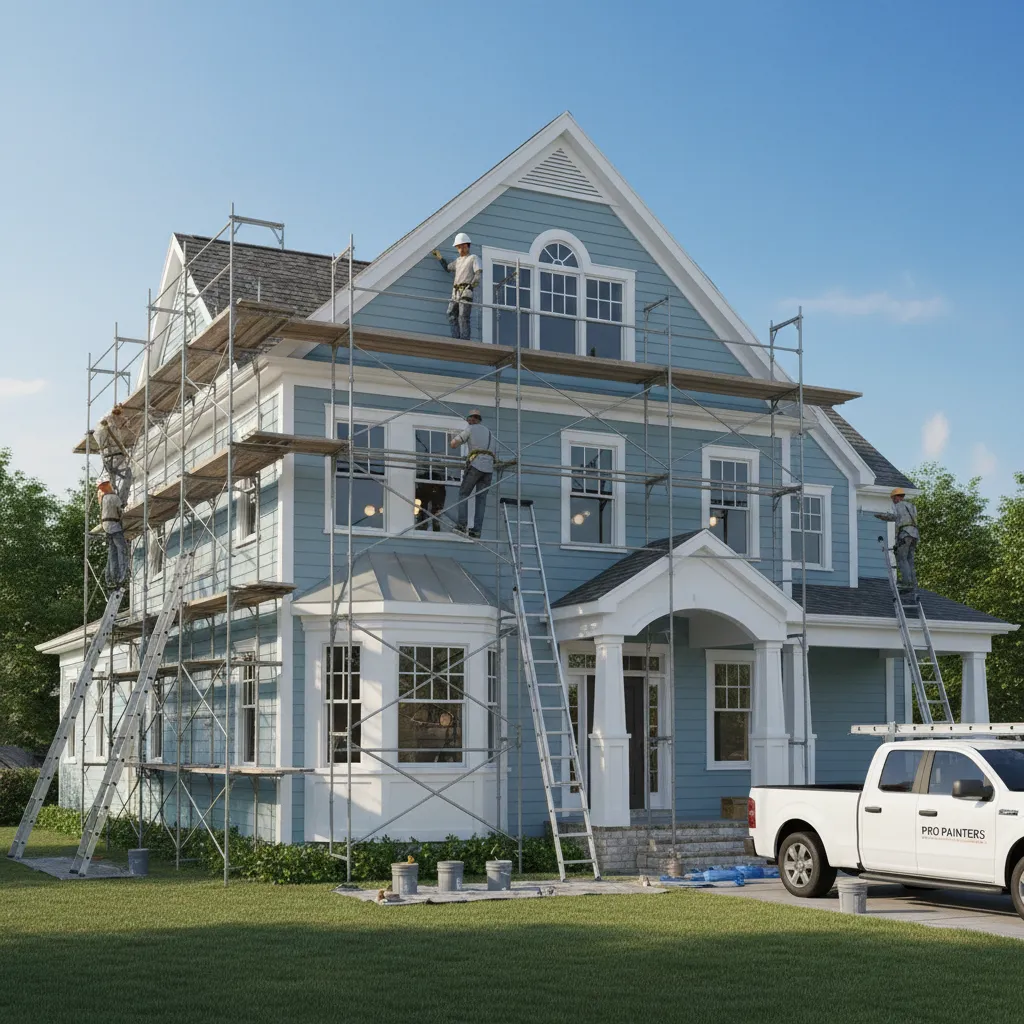 Painting crew using ladders and scaffolding on a tall residential home exterior