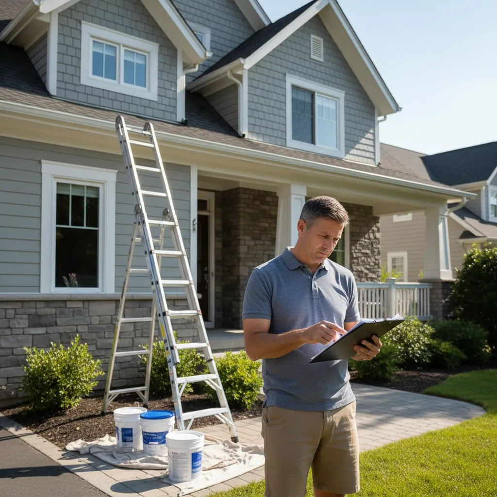 homeowner comparing contractor painting estimates on clipboard outside house