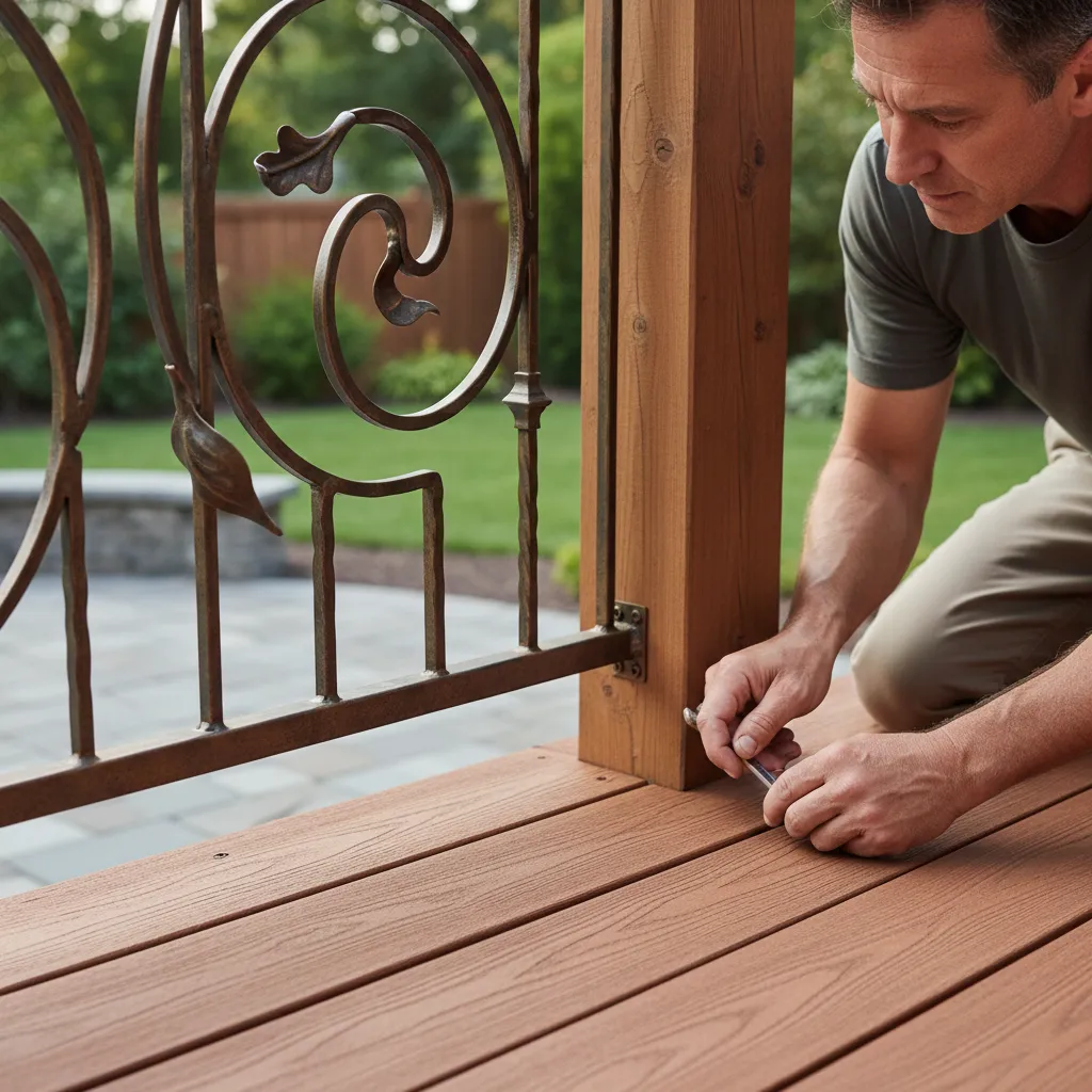 homeowner inspecting decorative deck railing for rust and damage