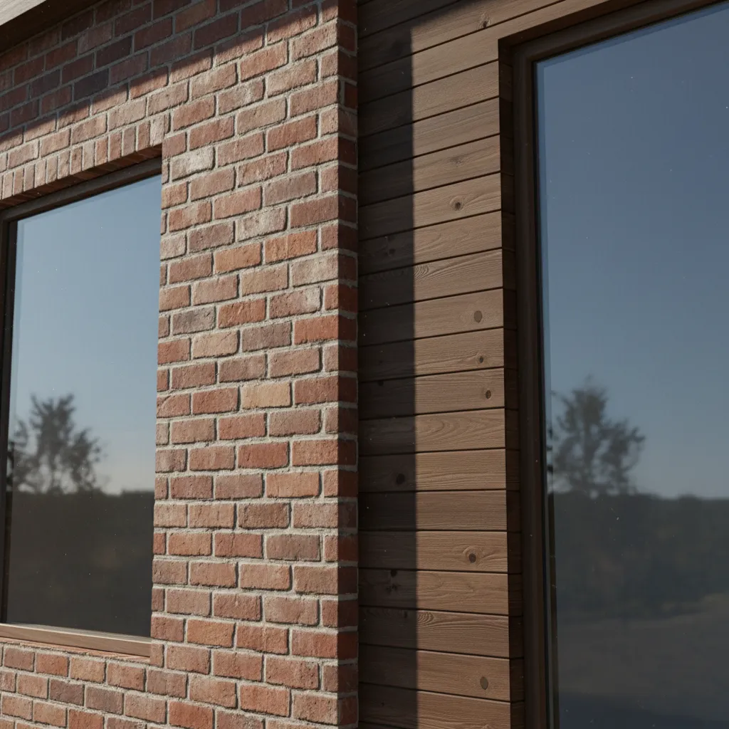 close view of realistic materials in exterior house rendering brick wood glass