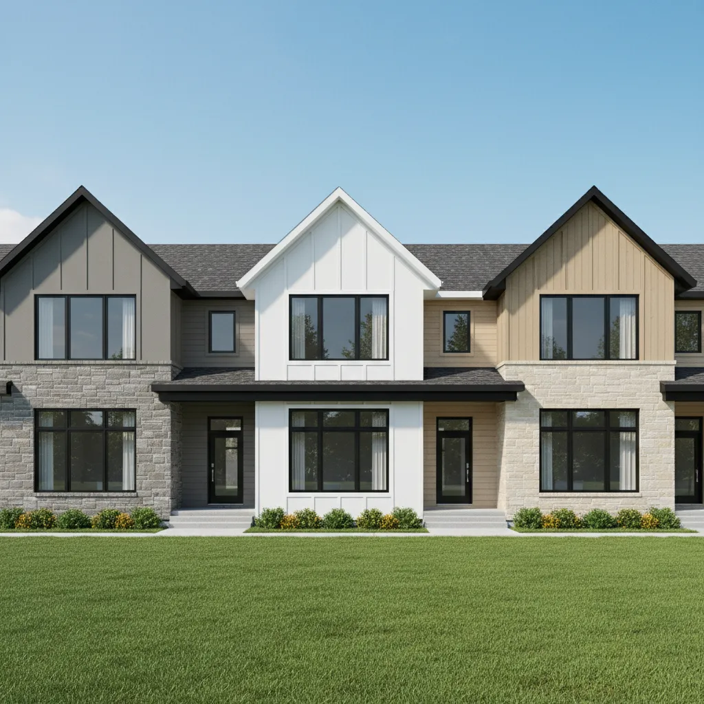 3d house model showing multiple siding color variations during exterior rendering tests