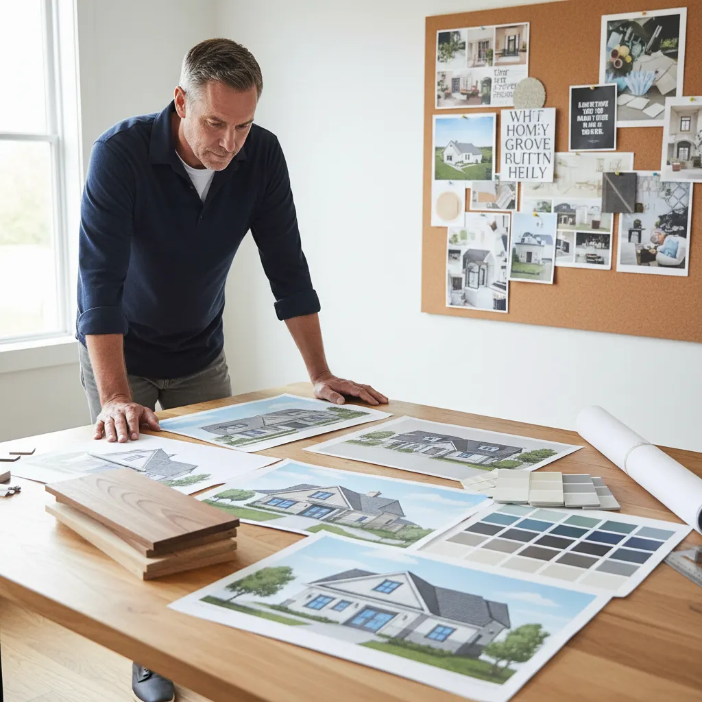 homeowner reviewing AI exterior design concepts with renovation notes