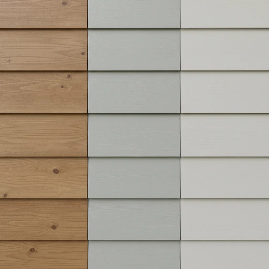 Exterior wall comparison showing wood vinyl and fiber cement siding textures