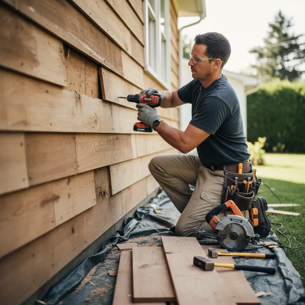 Repairing damaged exterior siding before repainting a house