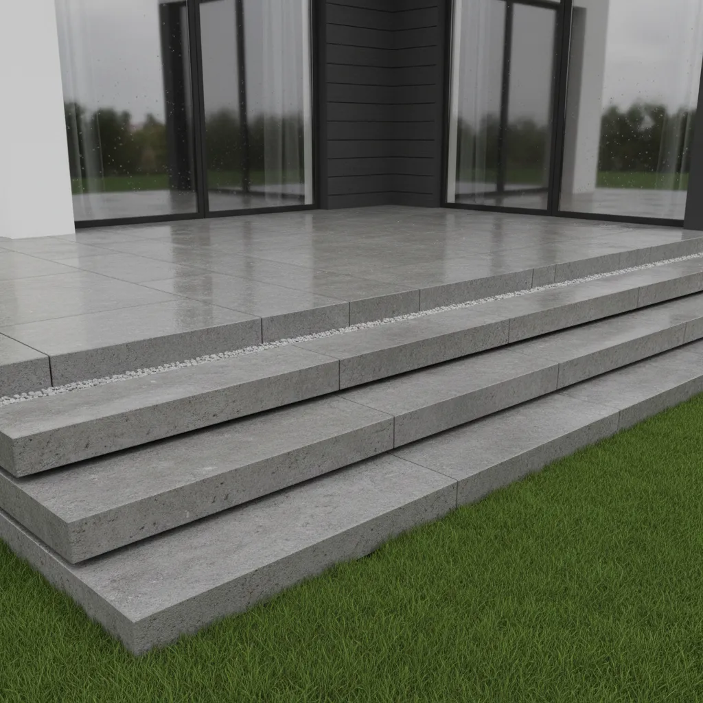 outdoor stairs with slight slope and drainage channel near landing