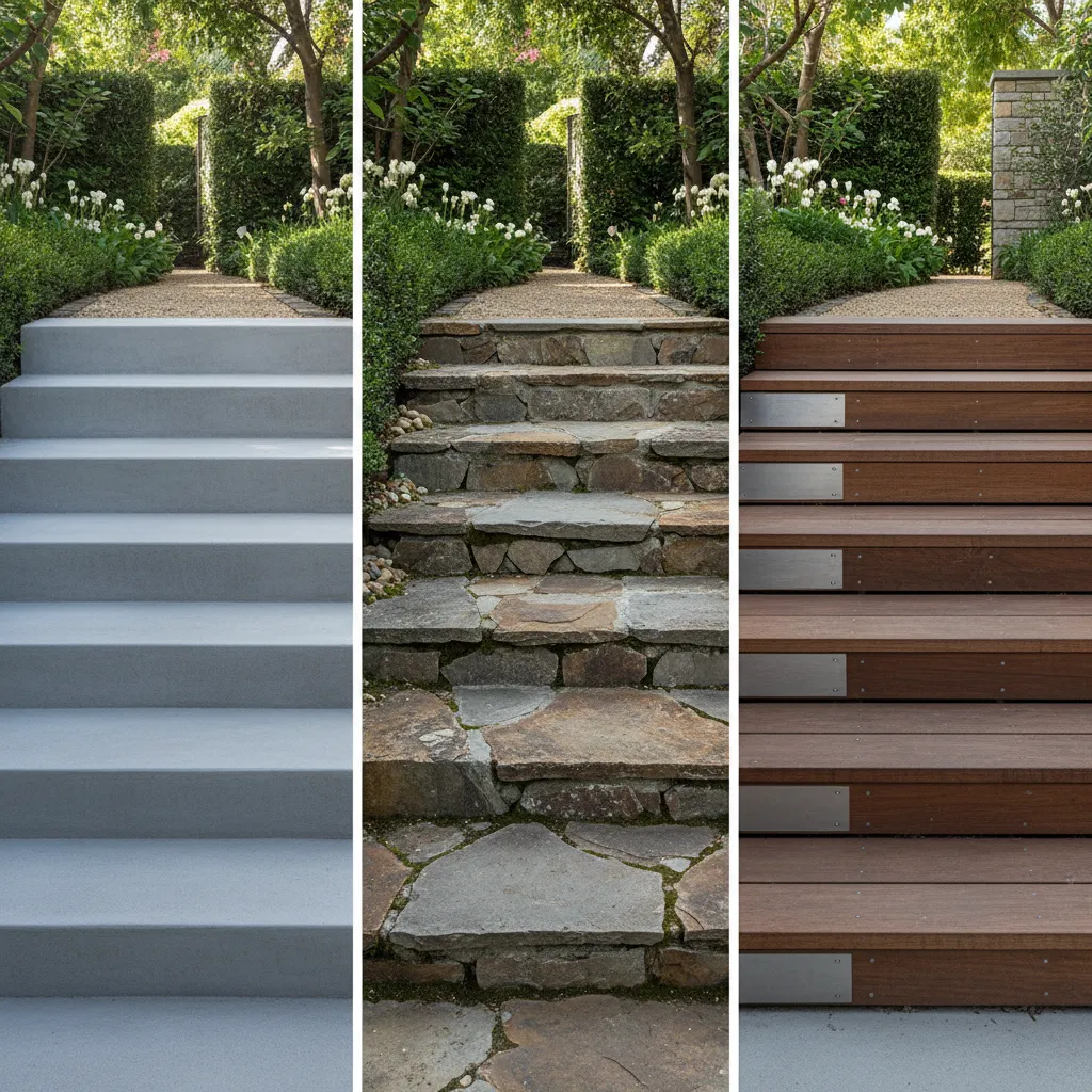 Outdoor steps made of concrete stone and wood materials comparison