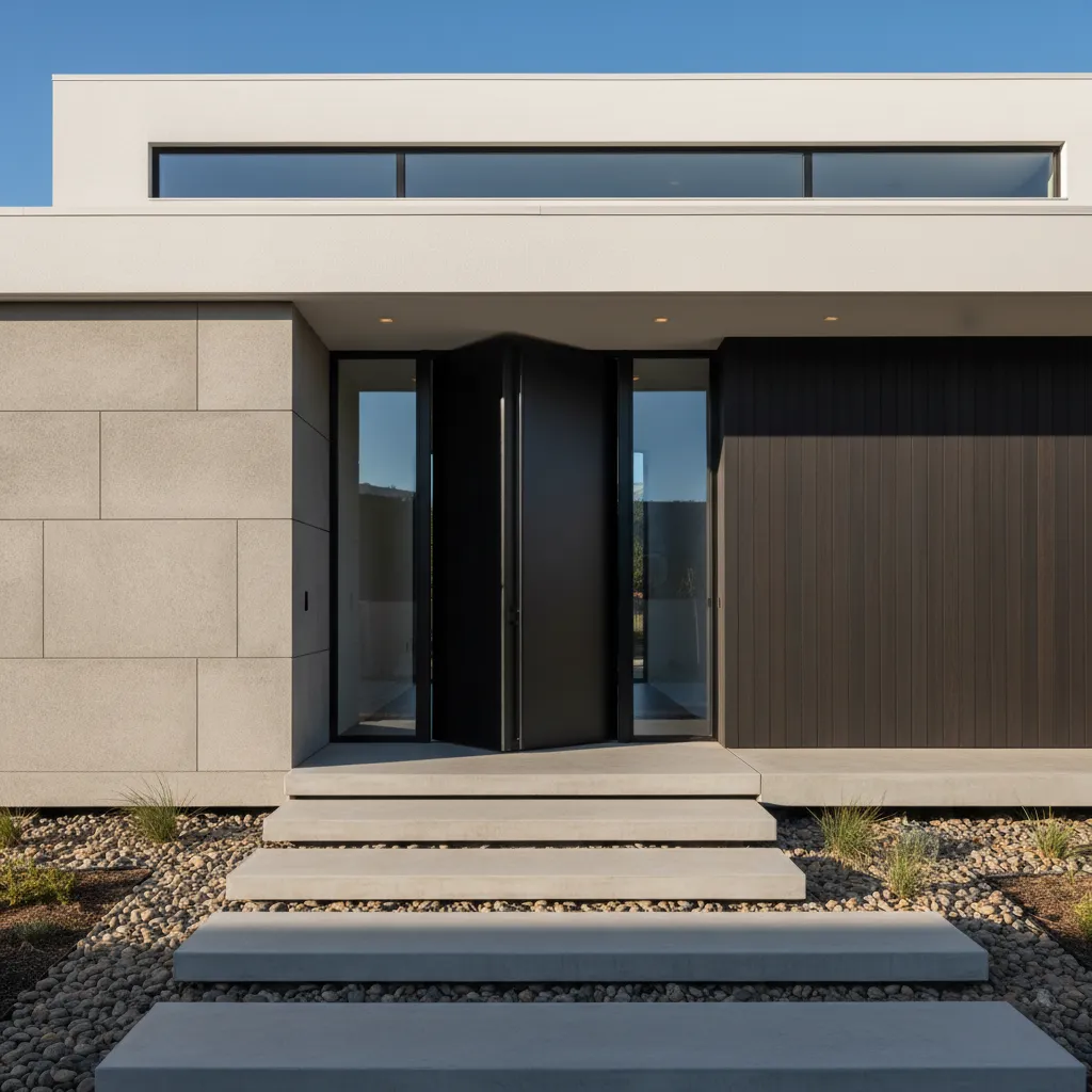 Modern home with wide minimalist concrete exterior steps