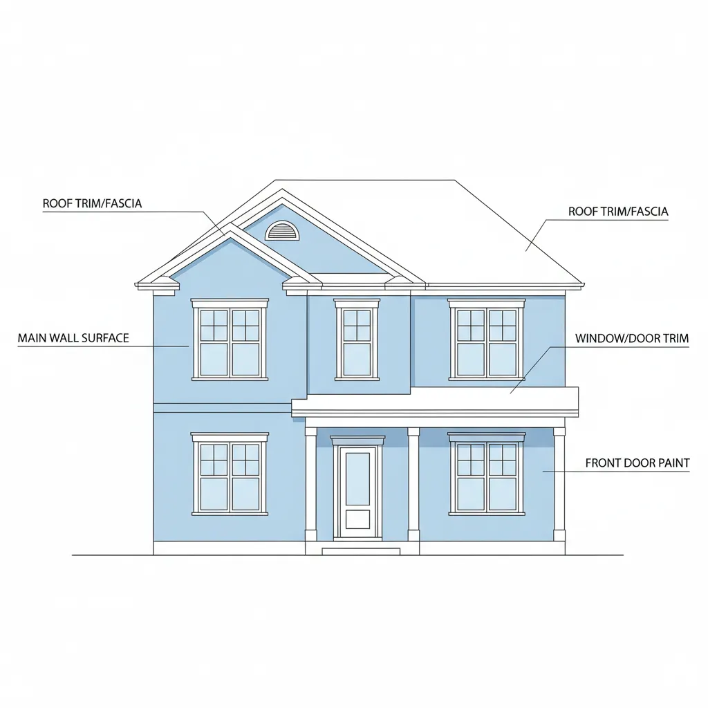 diagram showing measurement of exterior walls and paintable surfaces of a two story house