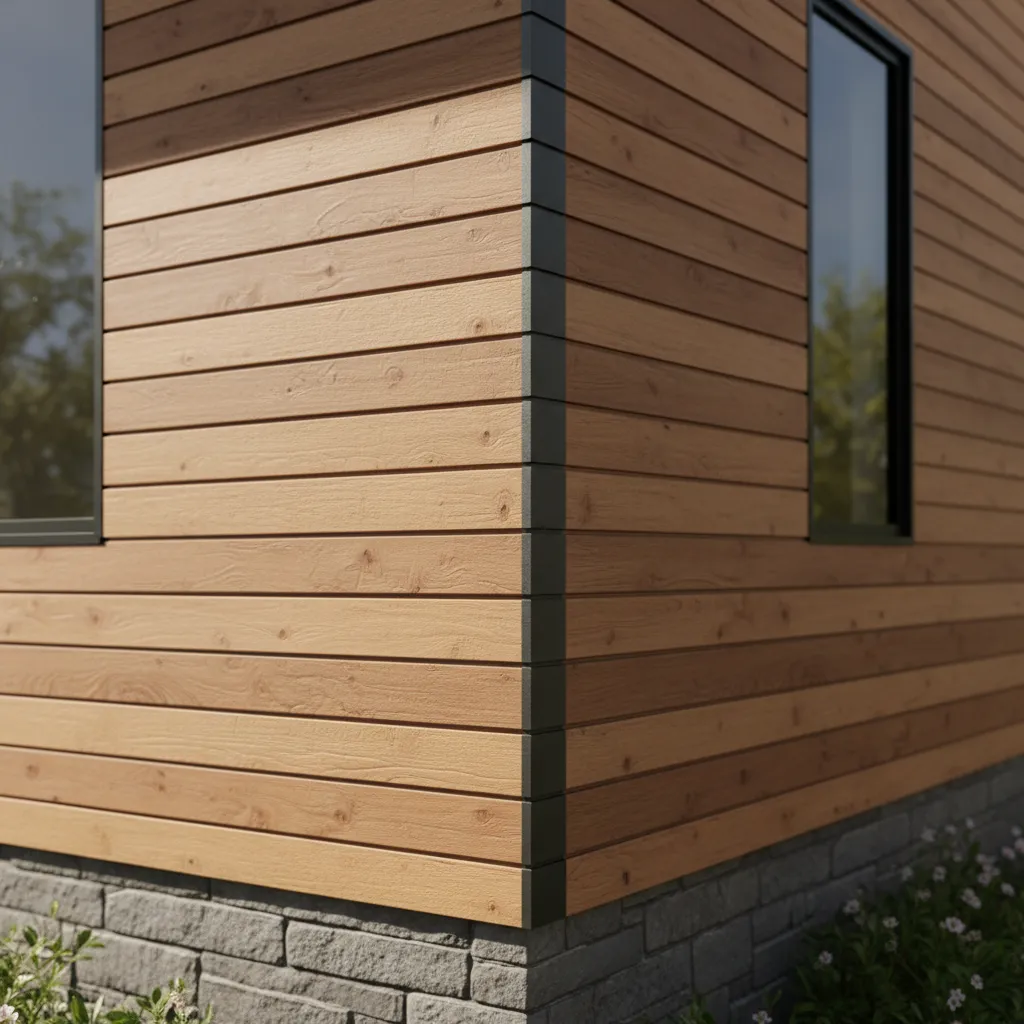 Close view of siding alignment at exterior building corners in a 3D model