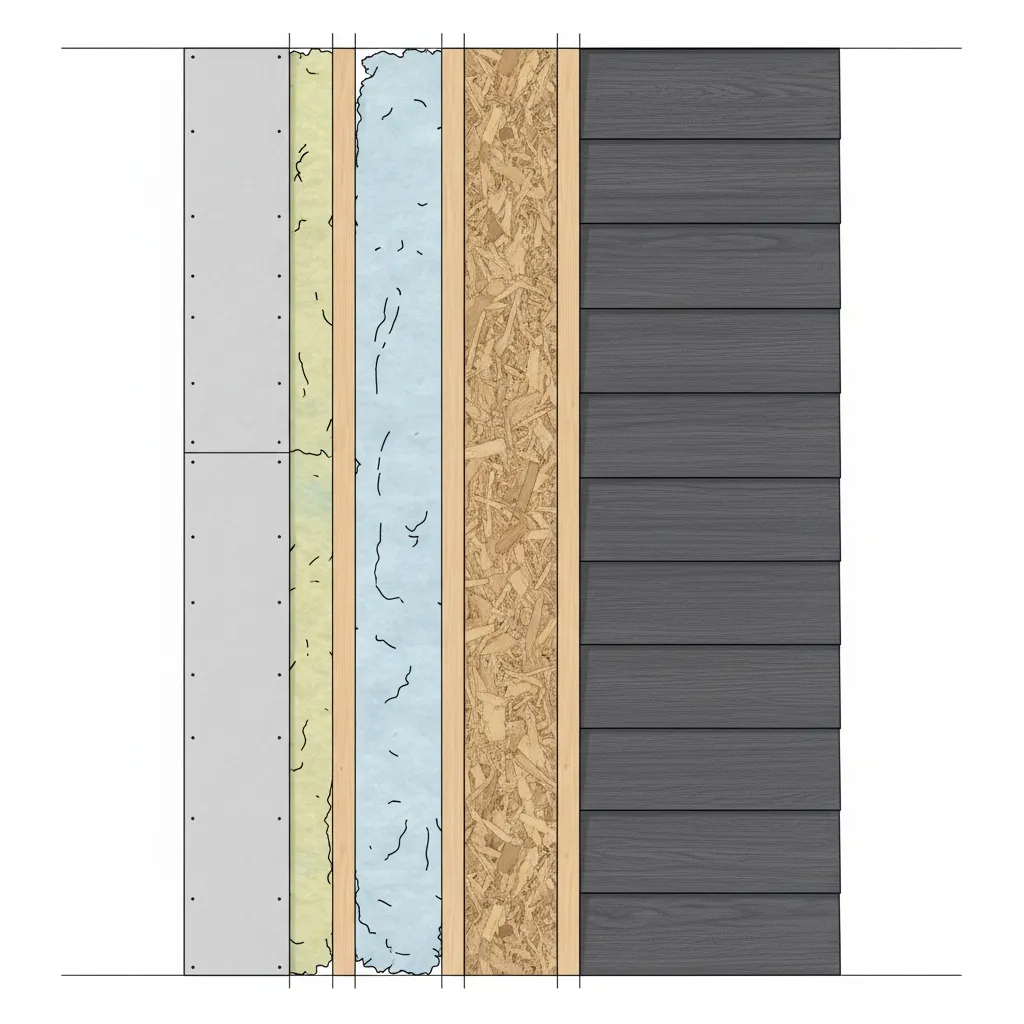 Exterior wall cross section showing drywall insulation studs and sheathing