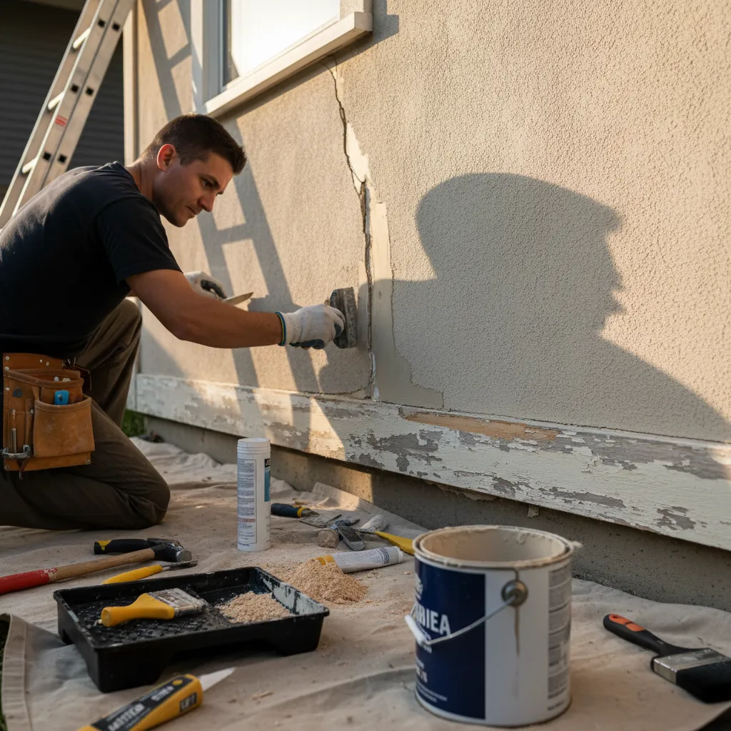 Repairing cracked siding and trim before painting house exterior