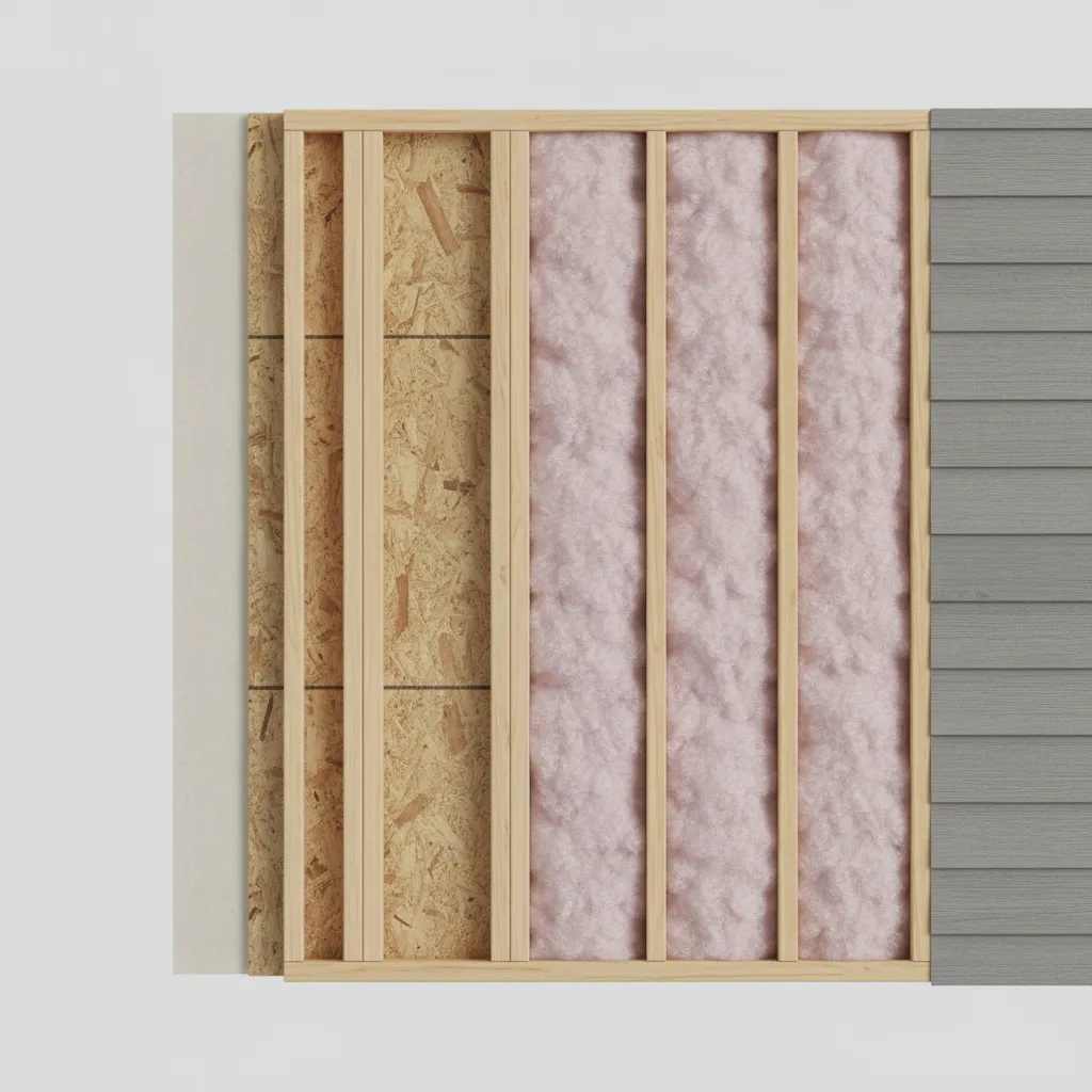 Cutaway diagram of exterior wall framing showing studs insulation and sheathing layers