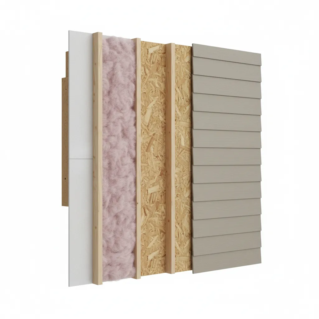 Cutaway diagram showing drywall insulation and exterior sheathing layers