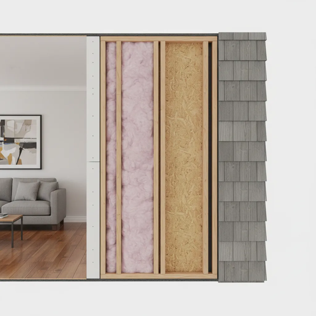 Cutaway diagram showing layers of an exterior wall including drywall insulation studs and sheathing