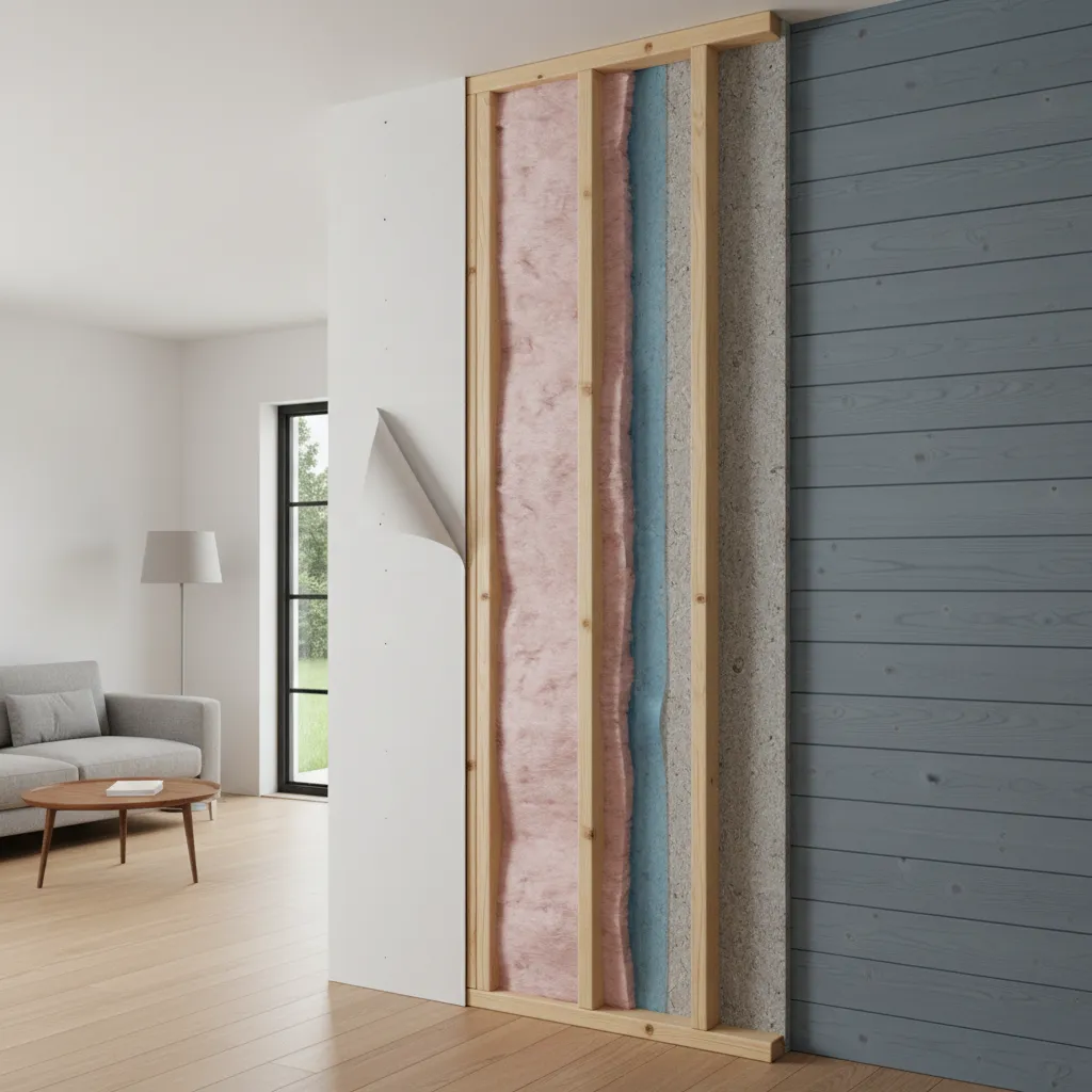 Cutaway visualization showing layers inside an exterior wall including drywall insulation studs and sheathing