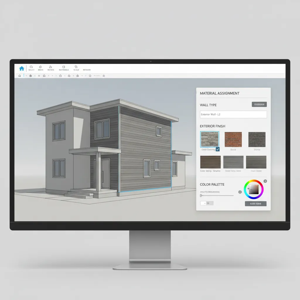 Floor planner interface showing exterior wall material assignment for siding