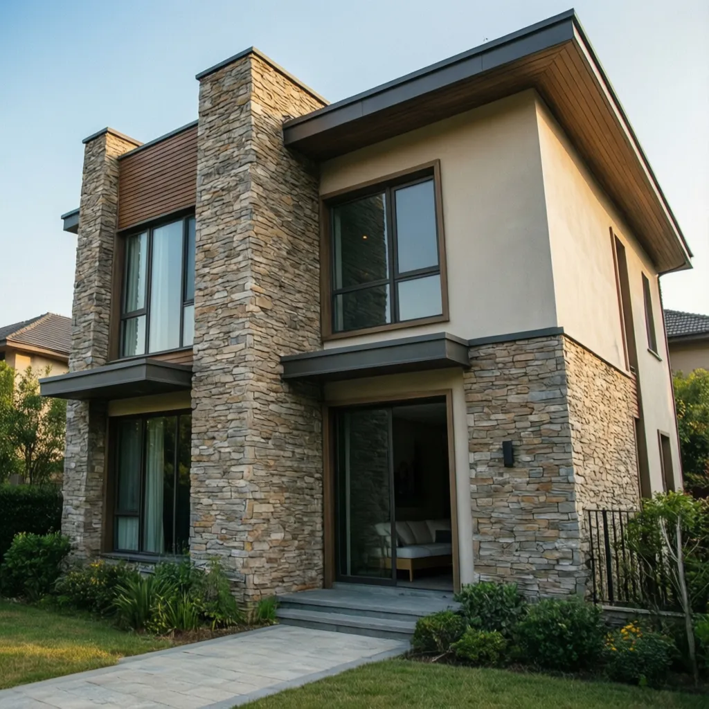 Modern two story house design featuring natural stone wall panels large windows and green lawn