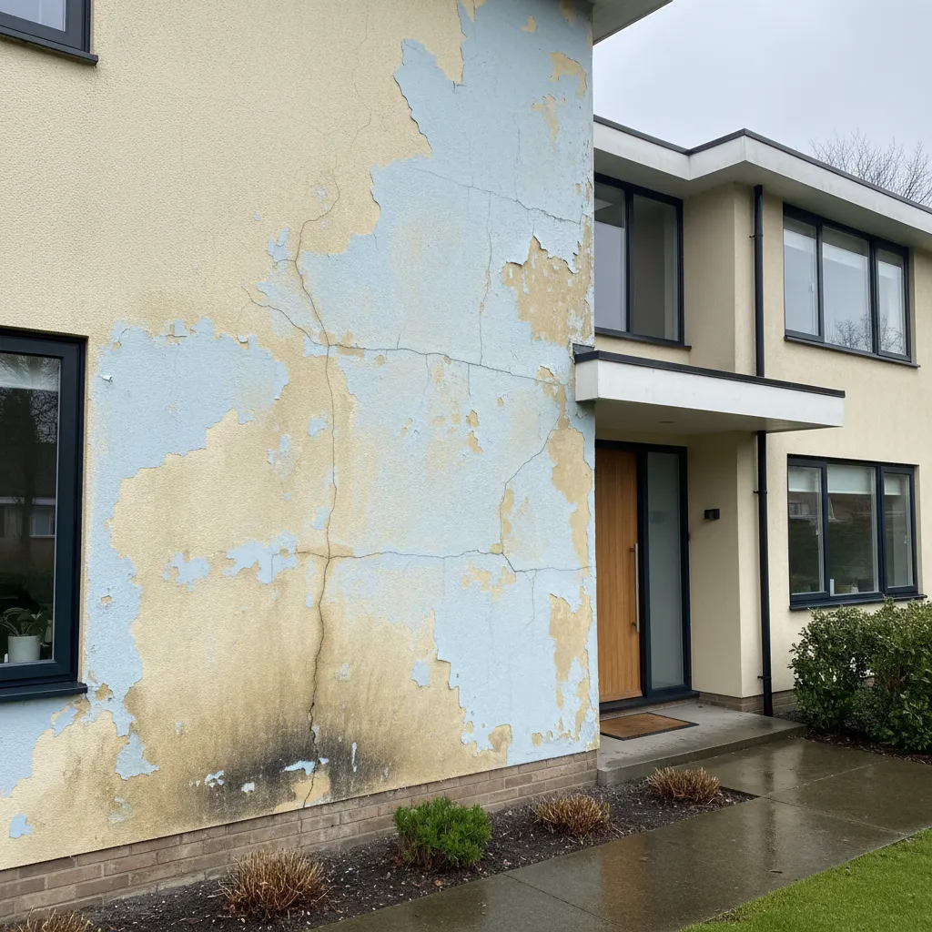 house exterior facade with peeling paint and moisture stains