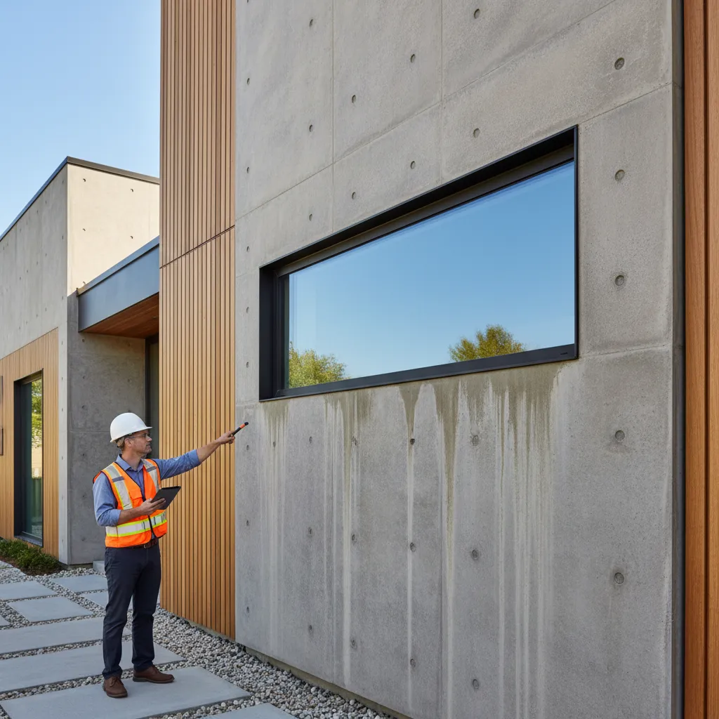 modern exterior wall showing moisture staining and drainage issues